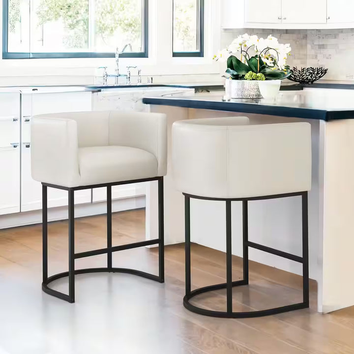 Counter Height Bar Stool - Low Back with Black Metal Frame - Dark Gray Linen Fabric Stool (Set of 3)