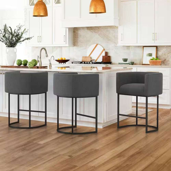 Counter Height Bar Stool - Low Back with Black Metal Frame - Dark Gray Linen Fabric Stool (Set of 3)