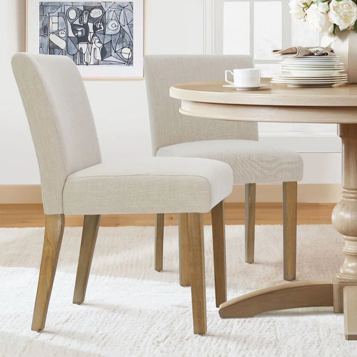 Modern Linen Upholstered Dining Chairs (Set of 2) – High-Back Parsons Style in Natural Wood Finish