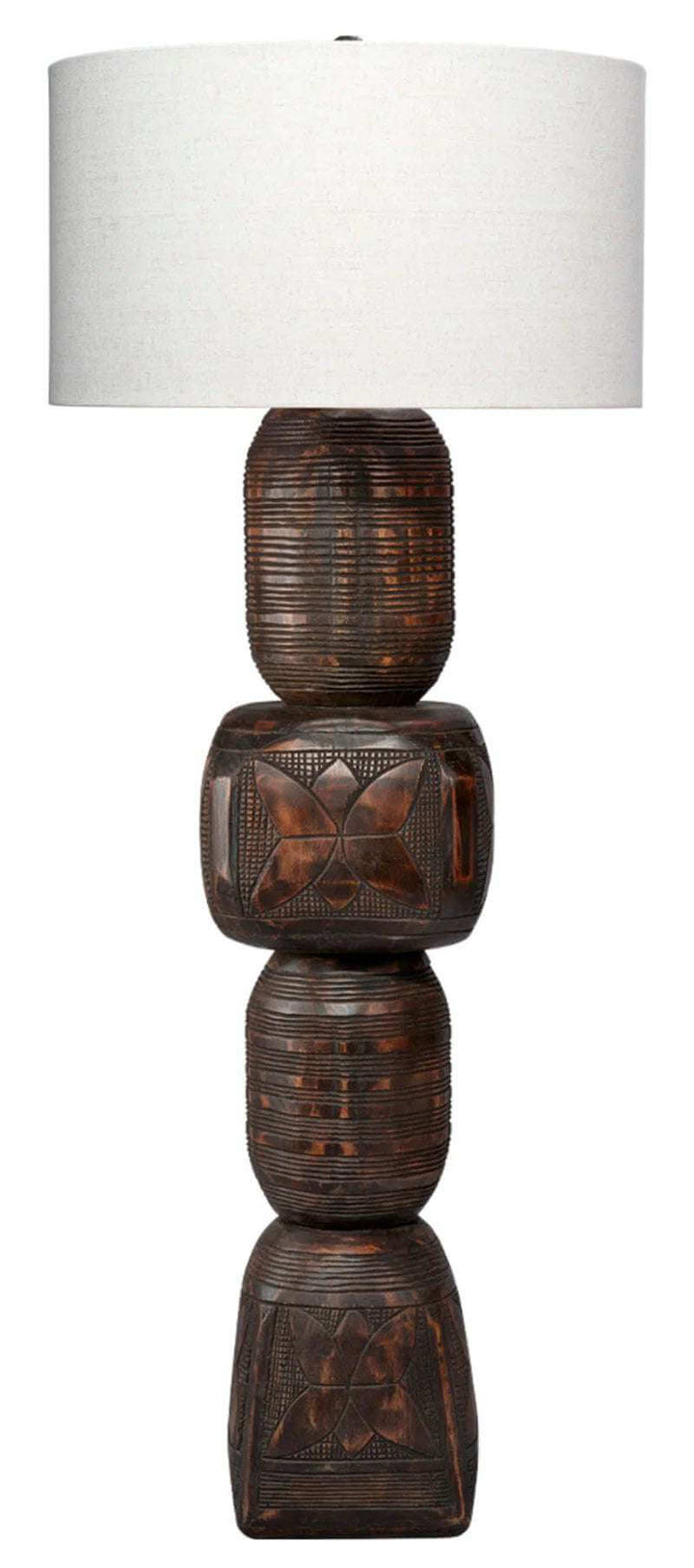 Totem 62'' Traditional Floor Lamp crafted from mango wood with natural linen drum shade and carved wood finial.