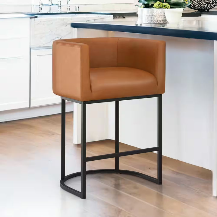 Counter Height Bar Stool - Low Back with Black Metal Frame - Dark Gray Linen Fabric Stool (Set of 3)