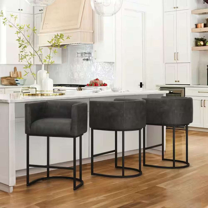 Counter Height Bar Stool - Low Back with Black Metal Frame - Dark Gray Linen Fabric Stool (Set of 3)