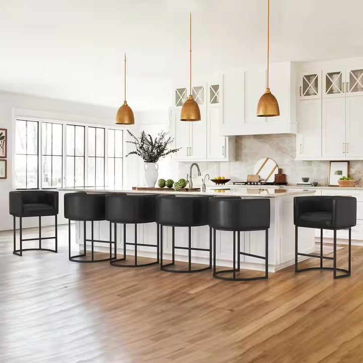 Counter Height Bar Stool - Low Back with Black Metal Frame - Dark Gray Linen Fabric Stool (Set of 3)