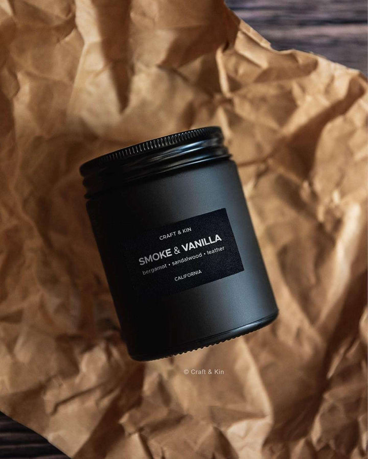 Luxury Masculine Fall Scented Candle – Soy Wax, Wood Wick, Long-Lasting Gift for Men on brown paper.