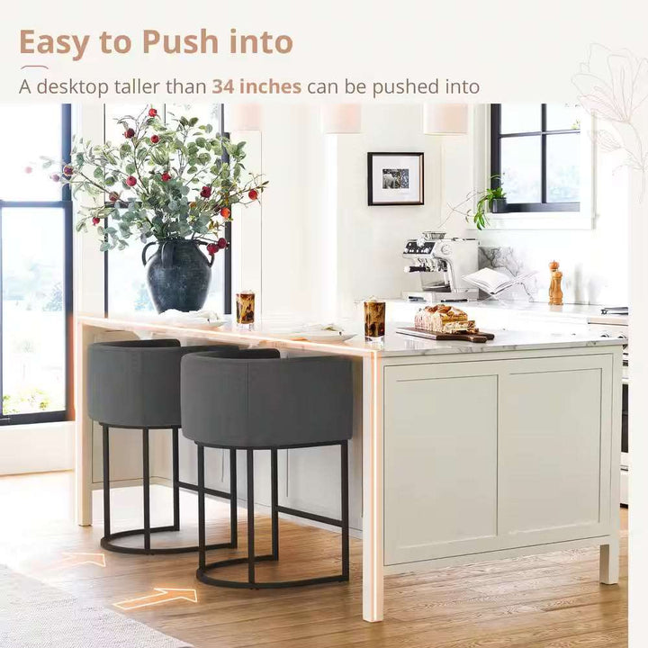 Counter Height Bar Stool - Low Back with Black Metal Frame - Dark Gray Linen Fabric Stool (Set of 3)