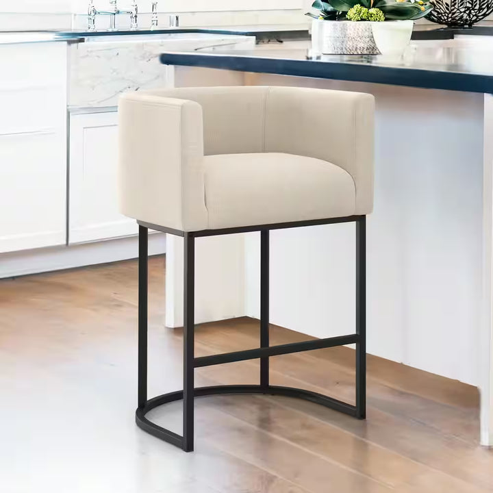 Counter Height Bar Stool - Low Back with Black Metal Frame - Dark Gray Linen Fabric Stool (Set of 3)