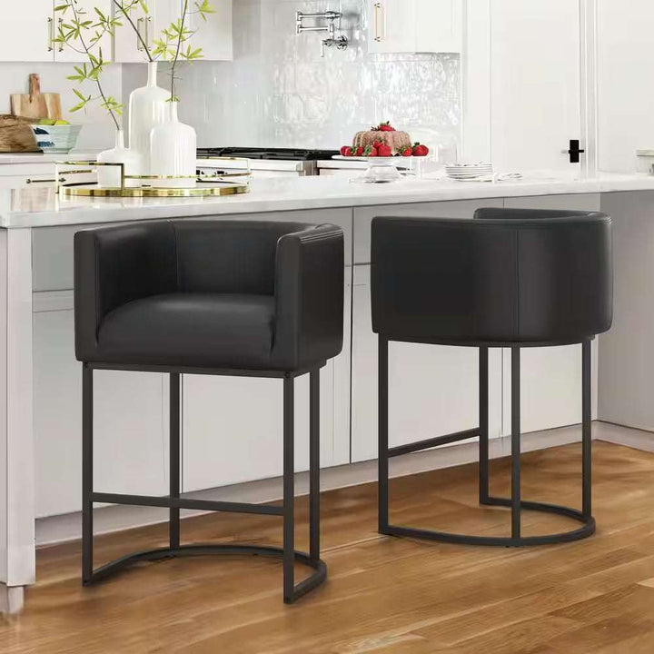 Counter Height Bar Stool - Low Back with Black Metal Frame - Dark Gray Linen Fabric Stool (Set of 3)