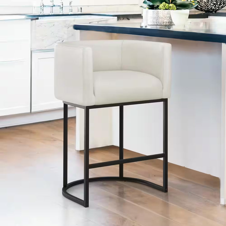 Counter Height Bar Stool - Low Back with Black Metal Frame - Dark Gray Linen Fabric Stool (Set of 3)