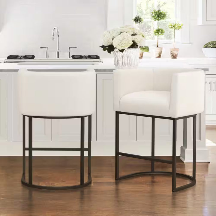 Counter Height Bar Stool - Low Back with Black Metal Frame - Dark Gray Linen Fabric Stool (Set of 3)