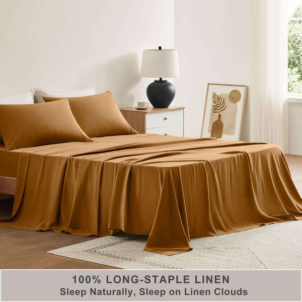 Pure Linen Sheets Set, 100% French Natural Linen Flax Bedding 4Pc Set (Queen, 1 Flat Sheet, 1 Fitted Sheet, 2 Pillowcases) - Butternut