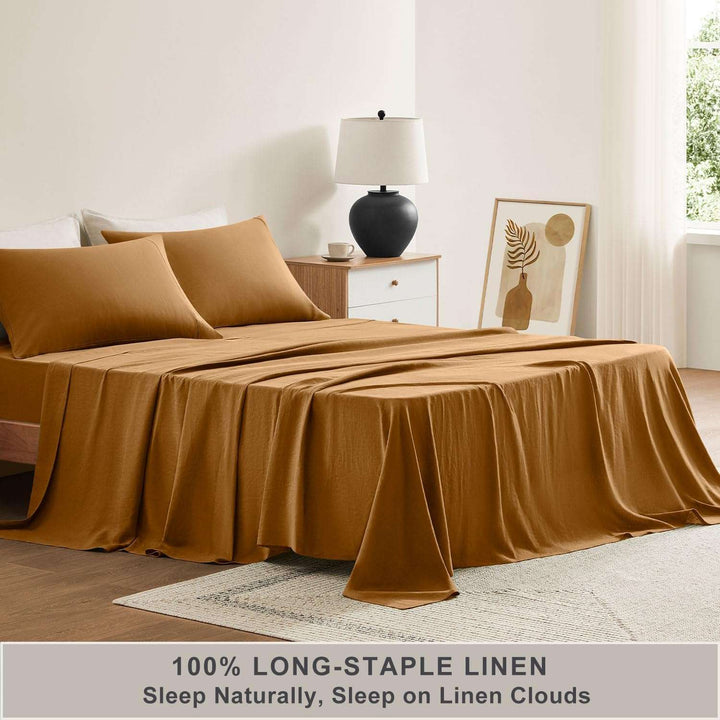 Pure Linen Sheets Set, 100% French Natural Linen Flax Bedding 4Pc Set (Queen, 1 Flat Sheet, 1 Fitted Sheet, 2 Pillowcases) - Butternut