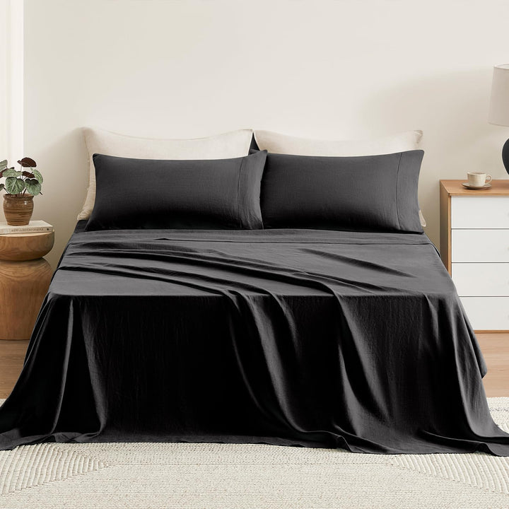 Pure Linen Sheets Set, 100% French Natural Linen Flax Bedding 4Pc Set (Queen, 1 Flat Sheet, 1 Fitted Sheet, 2 Pillowcases) - Butternut