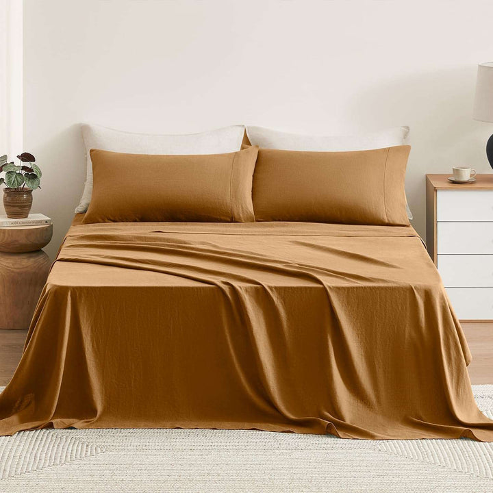Pure Linen Sheets Set, 100% French Natural Linen Flax Bedding 4Pc Set (Queen, 1 Flat Sheet, 1 Fitted Sheet, 2 Pillowcases) - Butternut
