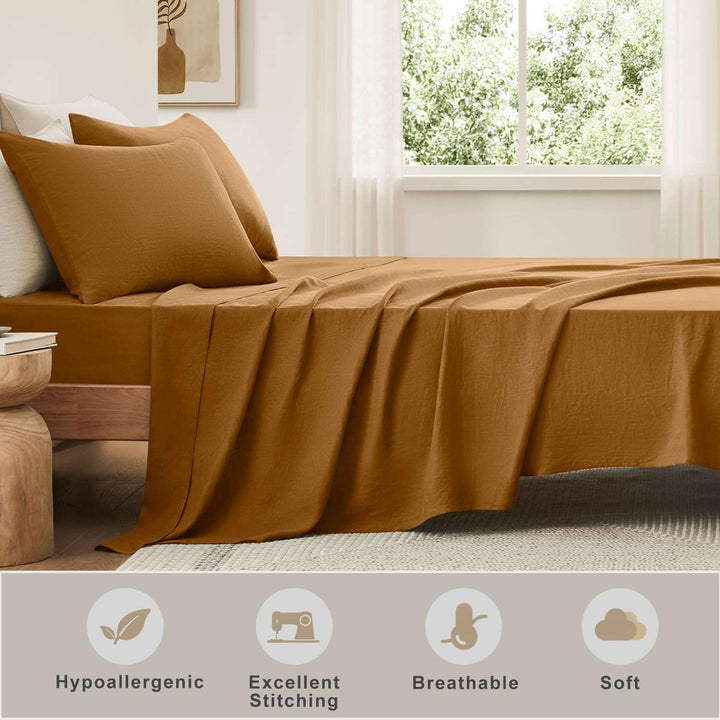 Pure Linen Sheets Set, 100% French Natural Linen Flax Bedding 4Pc Set (Queen, 1 Flat Sheet, 1 Fitted Sheet, 2 Pillowcases) - Butternut