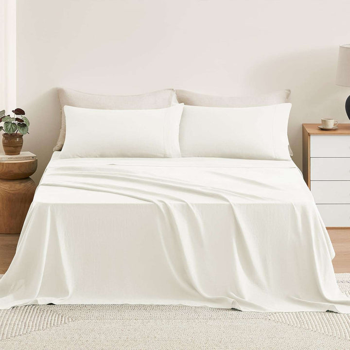 Pure Linen Sheets Set, 100% French Natural Linen Flax Bedding 4Pc Set (Queen, 1 Flat Sheet, 1 Fitted Sheet, 2 Pillowcases) - Butternut