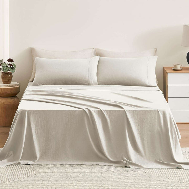 Pure Linen Sheets Set, 100% French Natural Linen Flax Bedding 4Pc Set (Queen, 1 Flat Sheet, 1 Fitted Sheet, 2 Pillowcases) - Butternut
