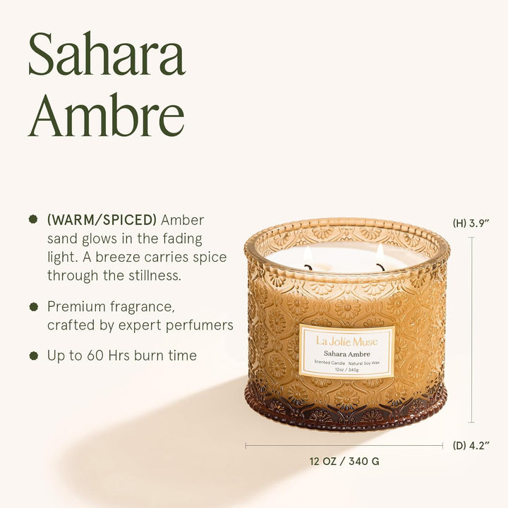 Amber Candle, Scented Candles for Home, Large 2-Wick Soy Candles, Luxury Jar Candle Gifts for Women & Men, 60 Hours Long Burning, Sahara Ambre, 12Oz