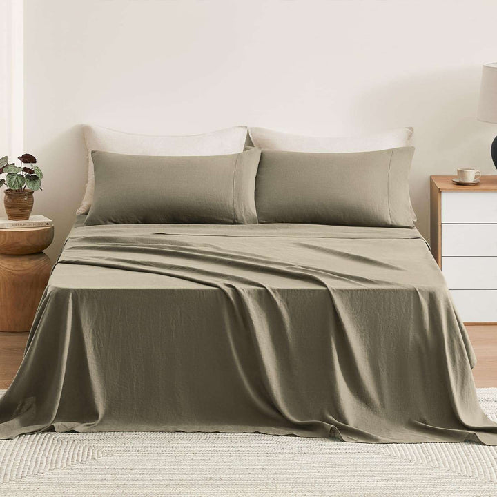 Pure Linen Sheets Set, 100% French Natural Linen Flax Bedding 4Pc Set (Queen, 1 Flat Sheet, 1 Fitted Sheet, 2 Pillowcases) - Butternut