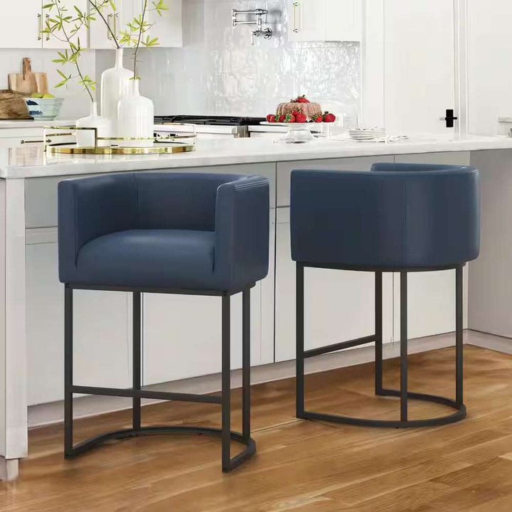 Counter Height Bar Stool - Low Back with Black Metal Frame - Dark Gray Linen Fabric Stool (Set of 3)