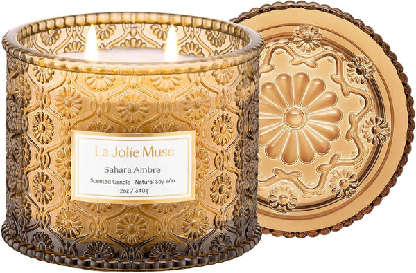 Amber Candle, Scented Candles for Home, Large 2-Wick Soy Candles, Luxury Jar Candle Gifts for Women & Men, 60 Hours Long Burning, Sahara Ambre, 12Oz