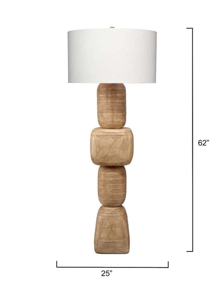 Totem 62'' Traditional Floor Lamp featuring hand-carved mango wood base and natural linen drum shade.