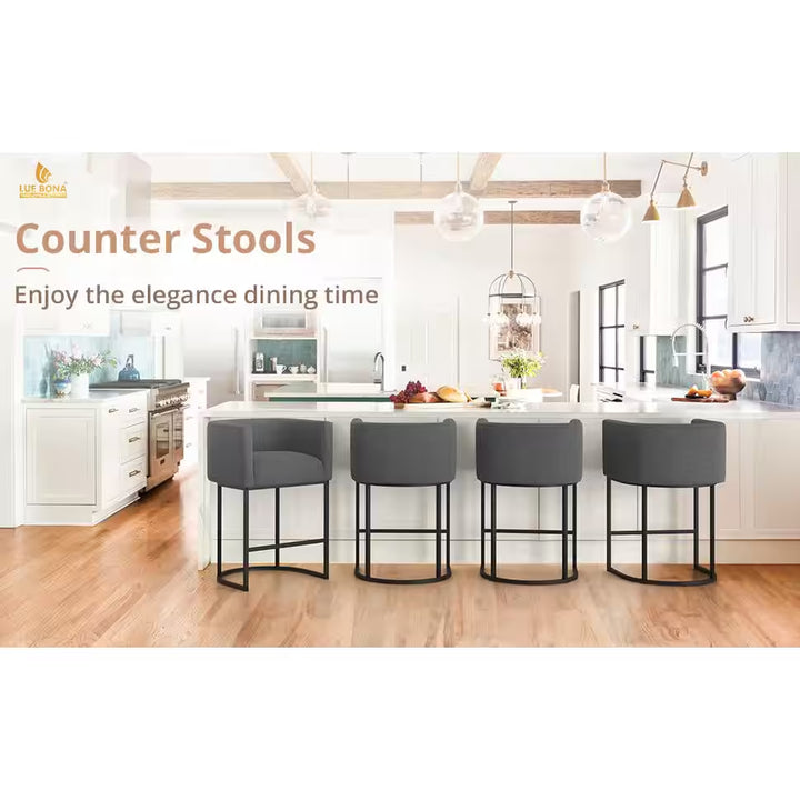 Counter Height Bar Stool - Low Back with Black Metal Frame - Dark Gray Linen Fabric Stool (Set of 3)
