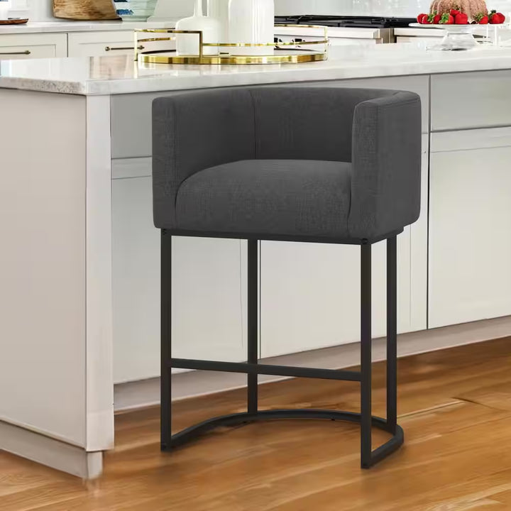 Counter Height Bar Stool - Low Back with Black Metal Frame - Dark Gray Linen Fabric Stool (Set of 3)