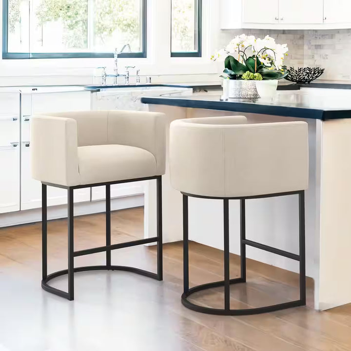 Counter Height Bar Stool - Low Back with Black Metal Frame - Dark Gray Linen Fabric Stool (Set of 3)
