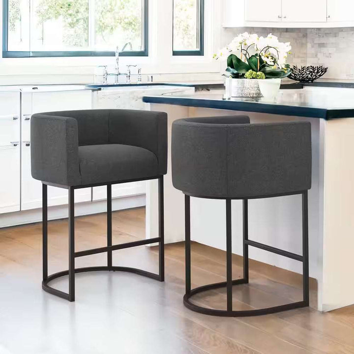 Counter Height Bar Stool - Low Back with Black Metal Frame - Dark Gray Linen Fabric Stool (Set of 3)