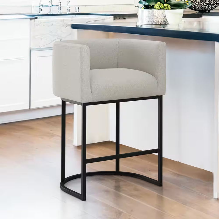 Counter Height Bar Stool - Low Back with Black Metal Frame - Dark Gray Linen Fabric Stool (Set of 3)