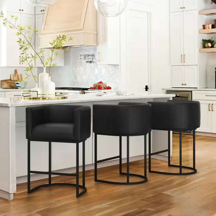 Counter Height Bar Stool - Low Back with Black Metal Frame - Dark Gray Linen Fabric Stool (Set of 3)