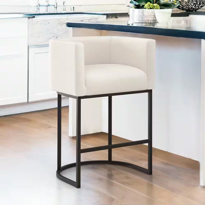 Counter Height Bar Stool - Low Back with Black Metal Frame - Dark Gray Linen Fabric Stool (Set of 3)