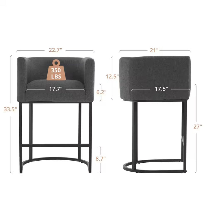 Counter Height Bar Stool - Low Back with Black Metal Frame - Dark Gray Linen Fabric Stool (Set of 3)