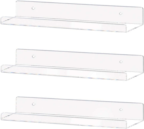 Clear Acrylic Shelf 15" Invisible Floating Wall Ledge Bookshelf, Kids Book Display Shelves Wall Mounted (15 Inch 3Pack)