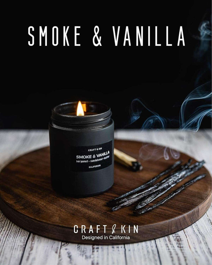 Luxury Masculine Fall Scented Candle – Soy Wax, Wood Wick, Long-Lasting Gift for Men on a wooden surface.