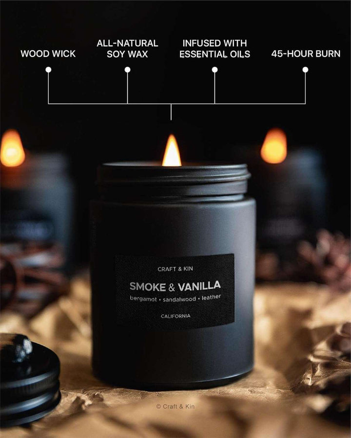 Luxury Masculine Fall Scented Candle – Soy Wax, Wood Wick, Long-Lasting Gift for Men with smoke and vanilla scent.