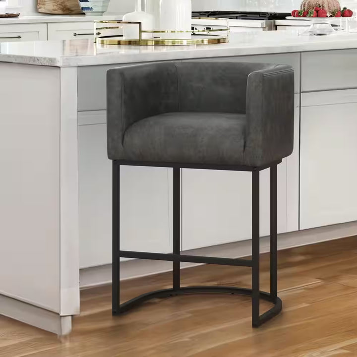 Counter Height Bar Stool - Low Back with Black Metal Frame - Dark Gray Linen Fabric Stool (Set of 3)