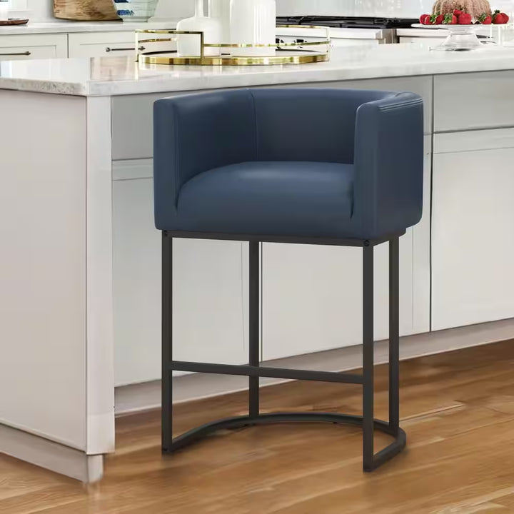 Counter Height Bar Stool - Low Back with Black Metal Frame - Dark Gray Linen Fabric Stool (Set of 3)