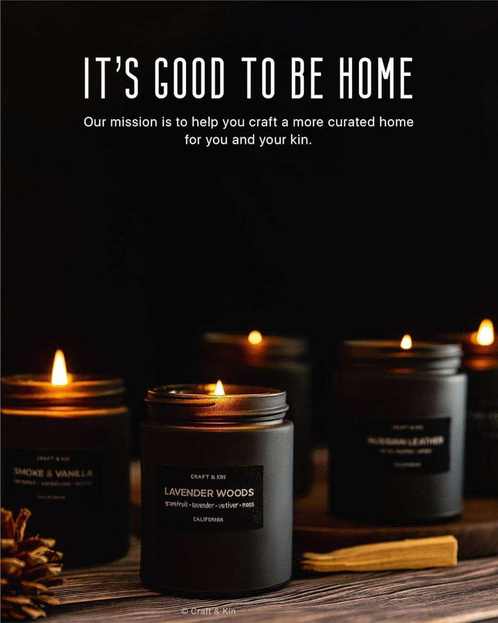Luxury Masculine Fall Scented Candle – Soy Wax, Wood Wick, Long-Lasting Gift for Men displayed among warm, flickering flames.