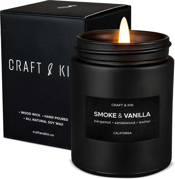 Luxury Masculine Fall Scented Candle – Soy Wax, Wood Wick, Long-Lasting Gift for Men in black glass jar with box.