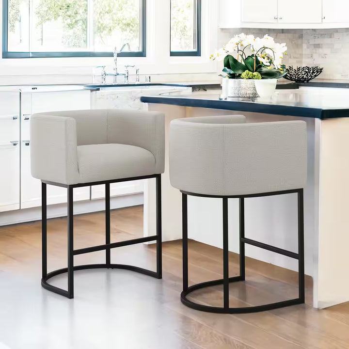 Counter Height Bar Stool - Low Back with Black Metal Frame - Dark Gray Linen Fabric Stool (Set of 3)