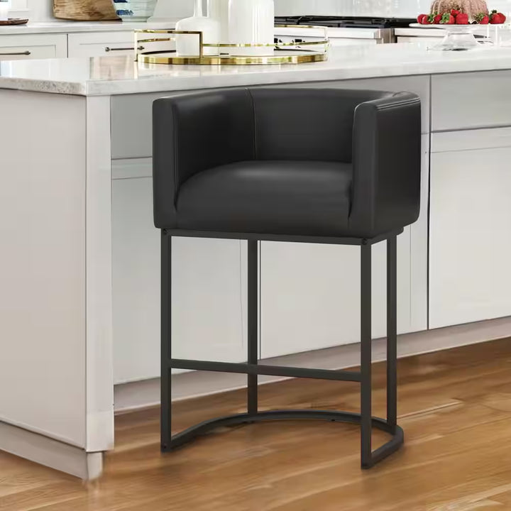 Counter Height Bar Stool - Low Back with Black Metal Frame - Dark Gray Linen Fabric Stool (Set of 3)