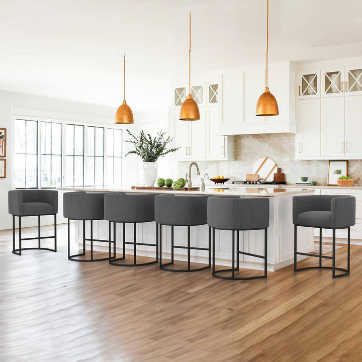 Counter Height Bar Stool - Low Back with Black Metal Frame - Dark Gray Linen Fabric Stool (Set of 3)