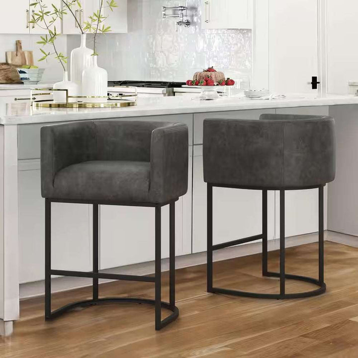 Counter Height Bar Stool - Low Back with Black Metal Frame - Dark Gray Linen Fabric Stool (Set of 3)