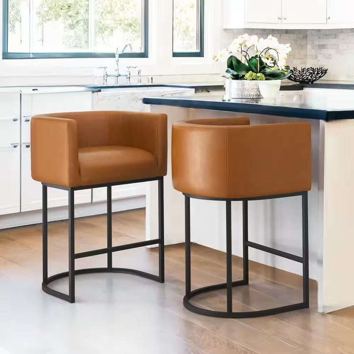 Counter Height Bar Stool - Low Back with Black Metal Frame - Dark Gray Linen Fabric Stool (Set of 3)