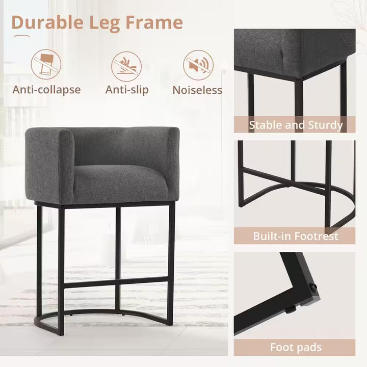 Counter Height Bar Stool - Low Back with Black Metal Frame - Dark Gray Linen Fabric Stool (Set of 3)