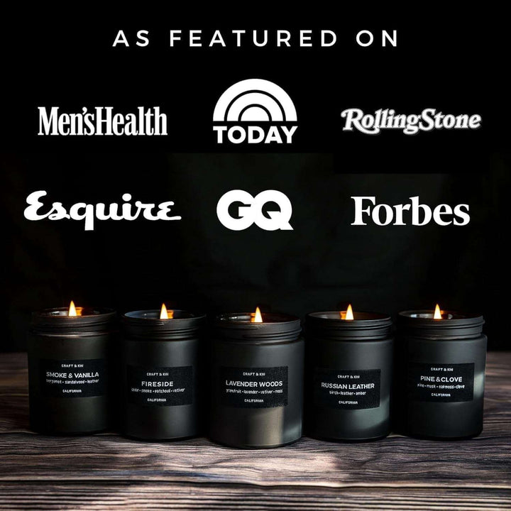 Luxury Masculine Fall Scented Candle – Soy Wax, Wood Wick, Long-Lasting Gift for Men featured in popular magazines.