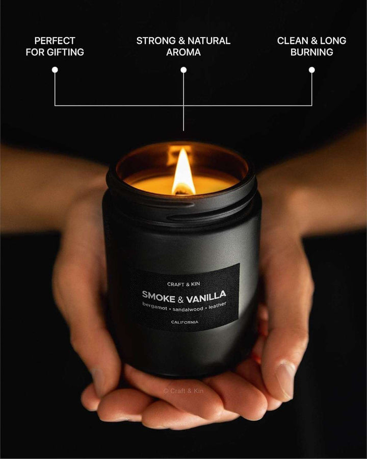 Luxury Masculine Fall Scented Candle – Soy Wax, Wood Wick, Long-Lasting Gift for Men displayed with a warm flame.
