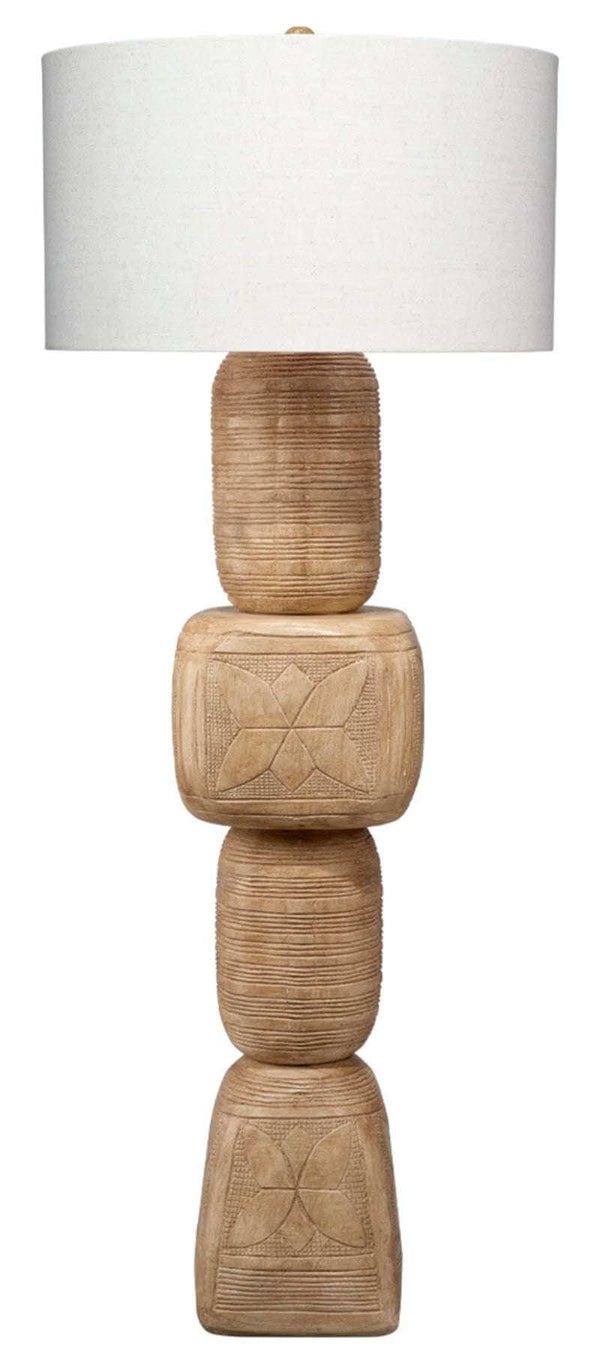 Totem 62'' Traditional Floor Lamp with hand-carved mango wood base and natural linen shade.
