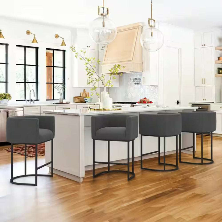 Counter Height Bar Stool - Low Back with Black Metal Frame - Dark Gray Linen Fabric Stool (Set of 3)